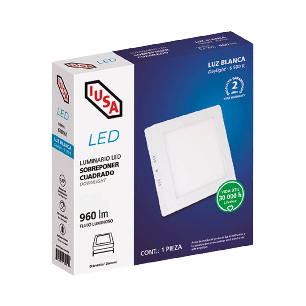 IUSA - Luminaria led cuadrada para sobreponer fija, blanca 18w