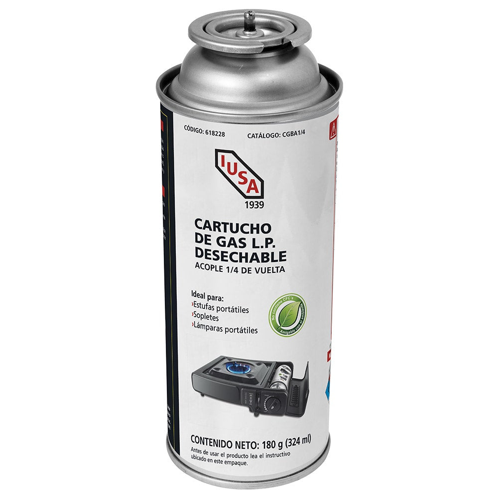 IUSA - Cartucho de gas butano con válvula 1/4” de vuelta