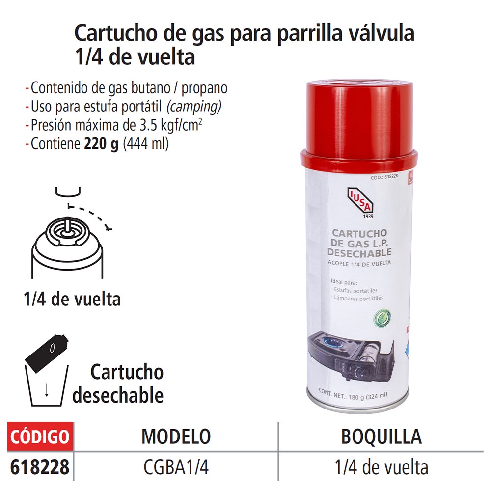 IUSA - Cartucho de gas butano con válvula 1/4” de vuelta