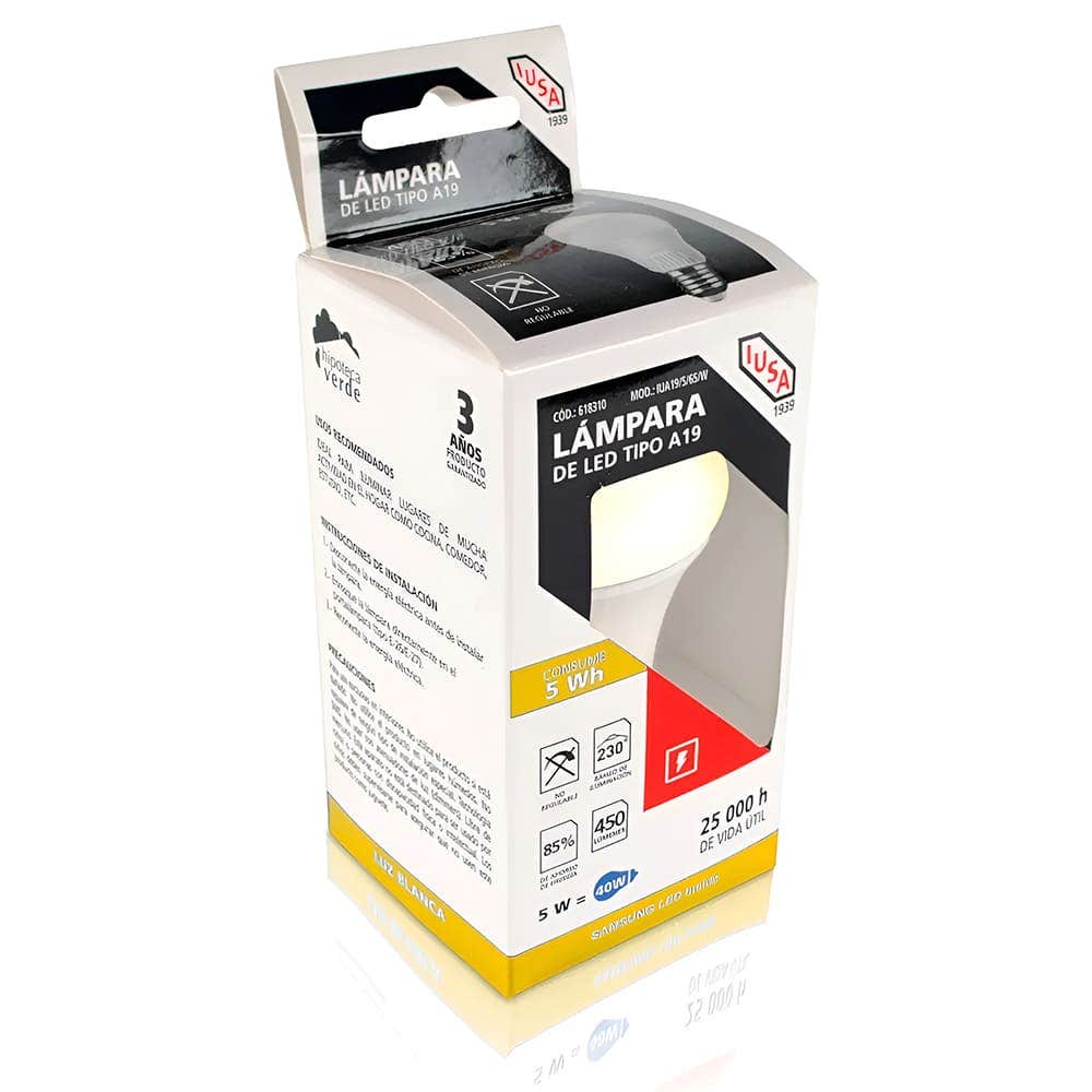 IUSA - Foco LED A19 en caja, luz cálida 5W, IUSA