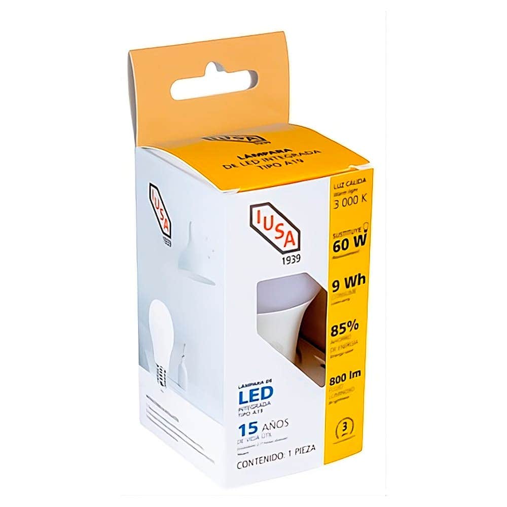 IUSA - Foco LED A19 en caja, luz cálida 9W, IUSA