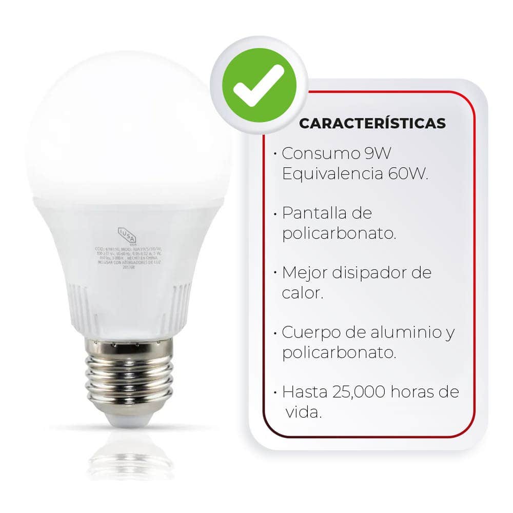 IUSA - Foco LED A19 en tripack, luz blanca 9 W, IUSA