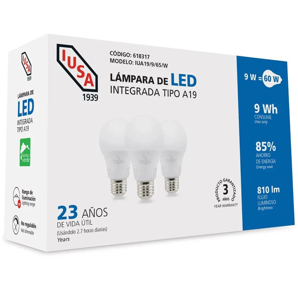 IUSA - Foco LED A19 en tripack, luz blanca 9 W, IUSA