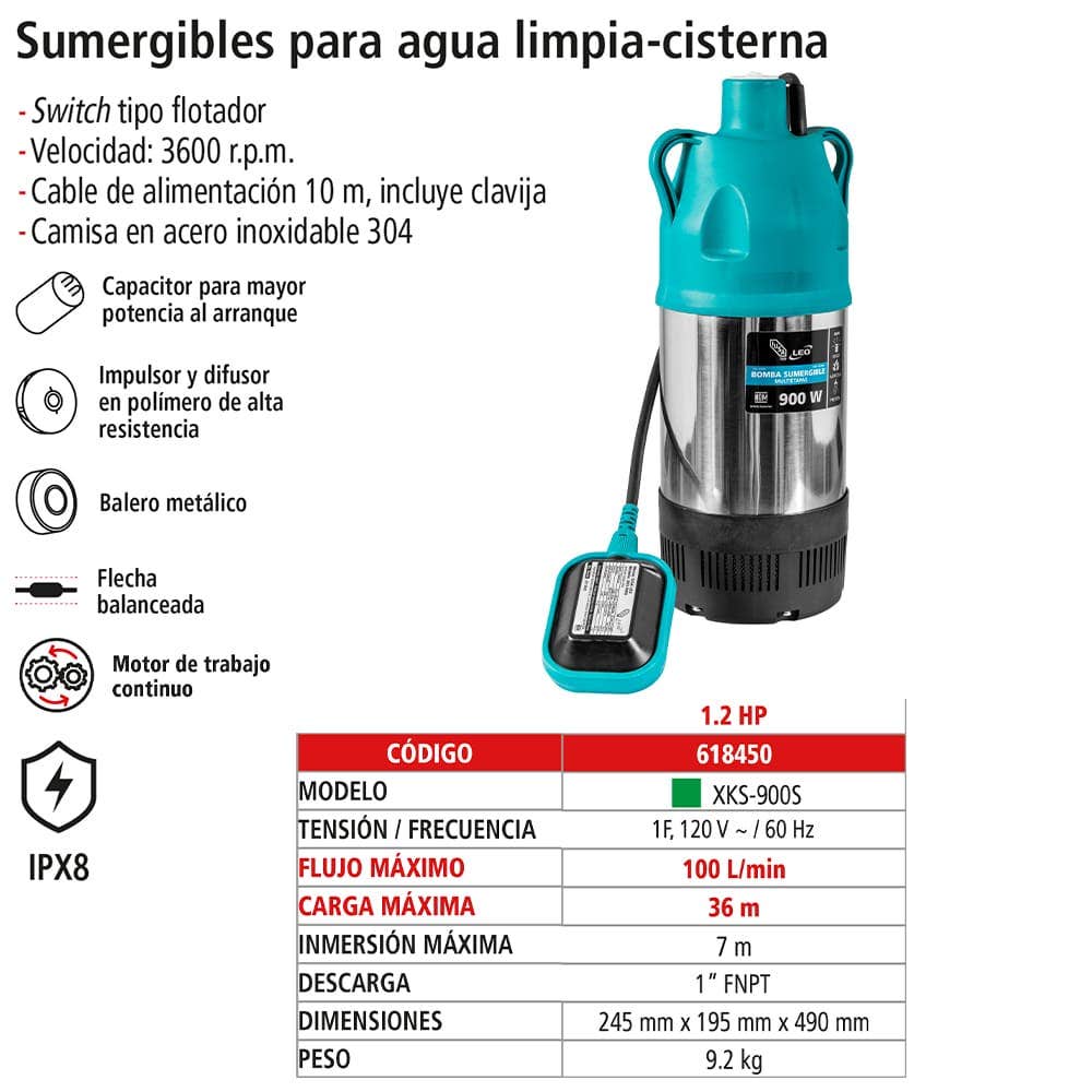 IUSA - Bomba sumergible 1.2 HP para cisterna, acero inoxidable