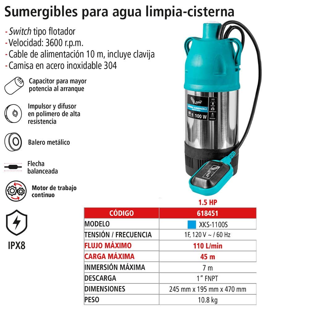 IUSA - Bomba sumergible para cisterna 1.5 hp acero inoxidable