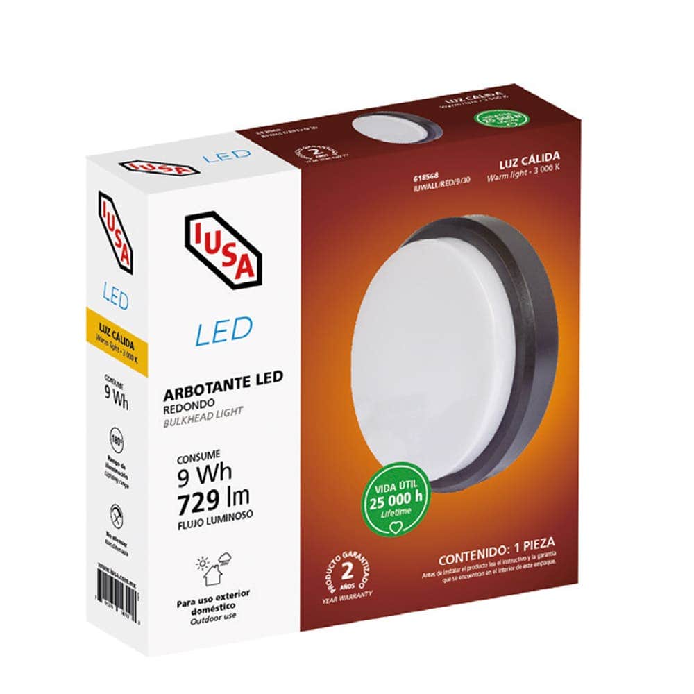 IUSA - Arbotante redondo LED para exterior, 9W, luz cálida, IUSA