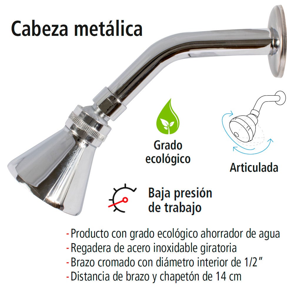 IUSA - Regadera Redonda Ecológica IUSA con brazo y Chapetón Metálicos, 3.8 L/min