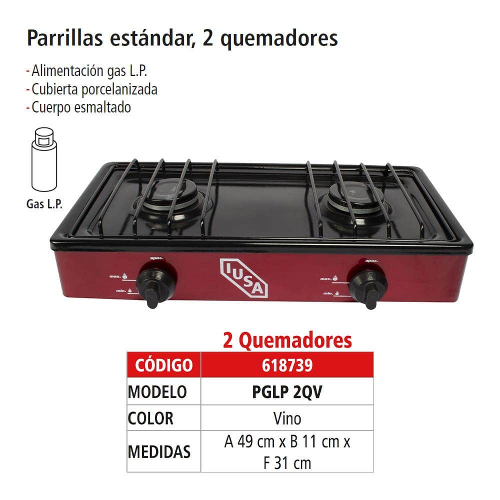 IUSA - Parrilla a gas 2 quemadores caper vino