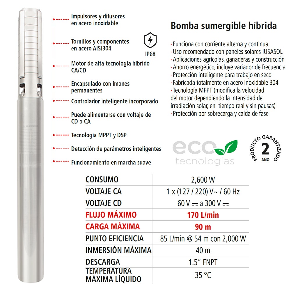IUSA - Bomba Sumergible Híbrida 2.5 HP, ECO Tecnología, IUSA