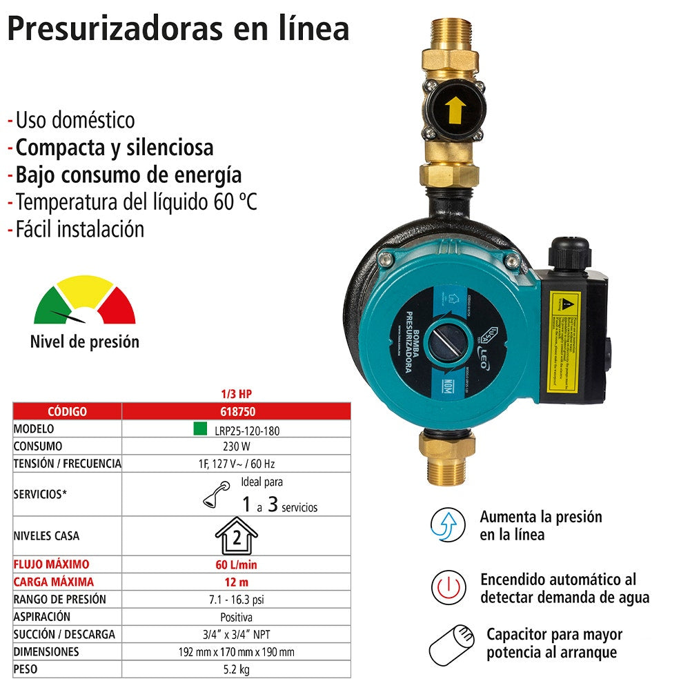 IUSA - Bomba presurizadora 1/3 HP, 3/4” entrada/salida, IUSA