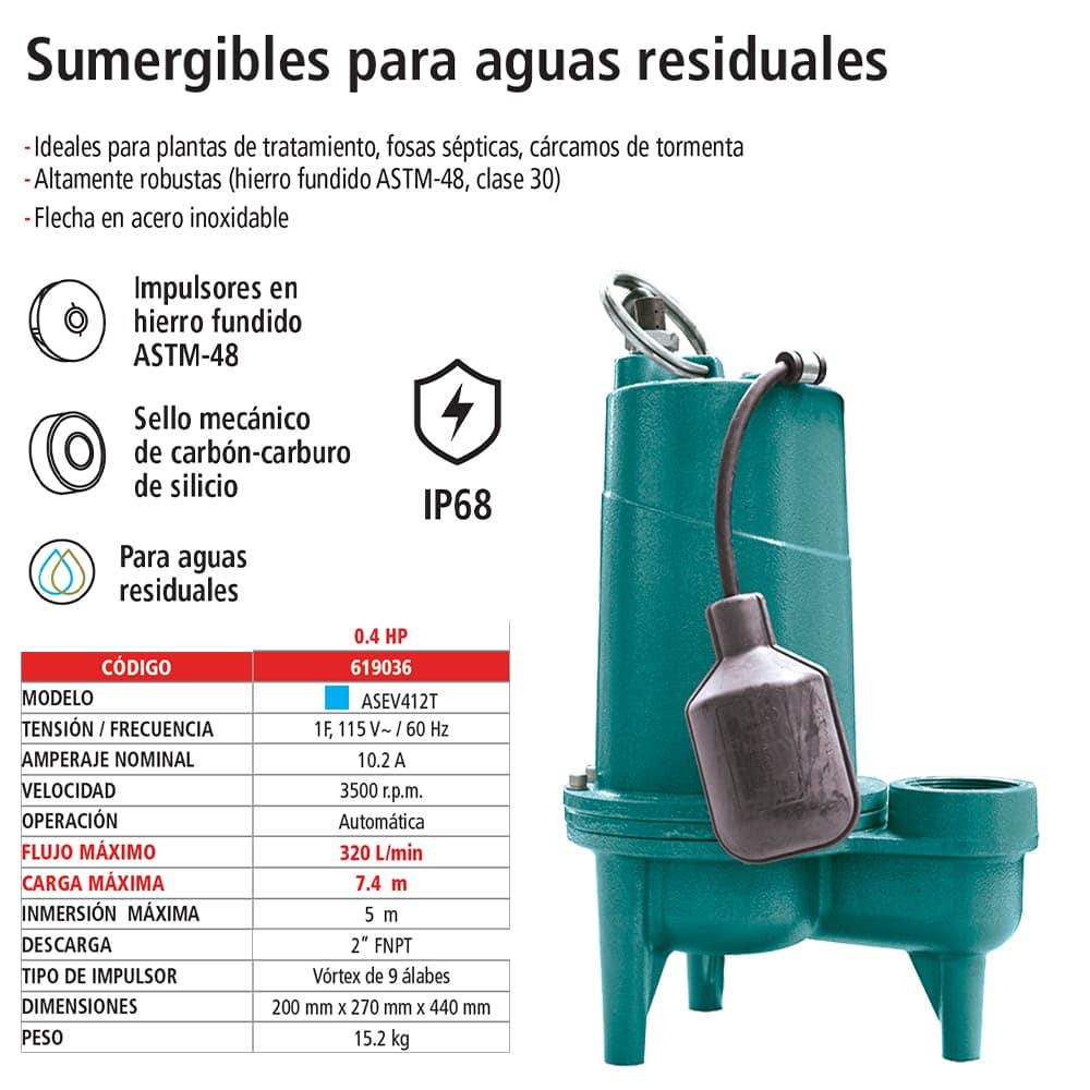IUSA - Bomba sumergible 0.4 hp para aguas residuales IUSA
