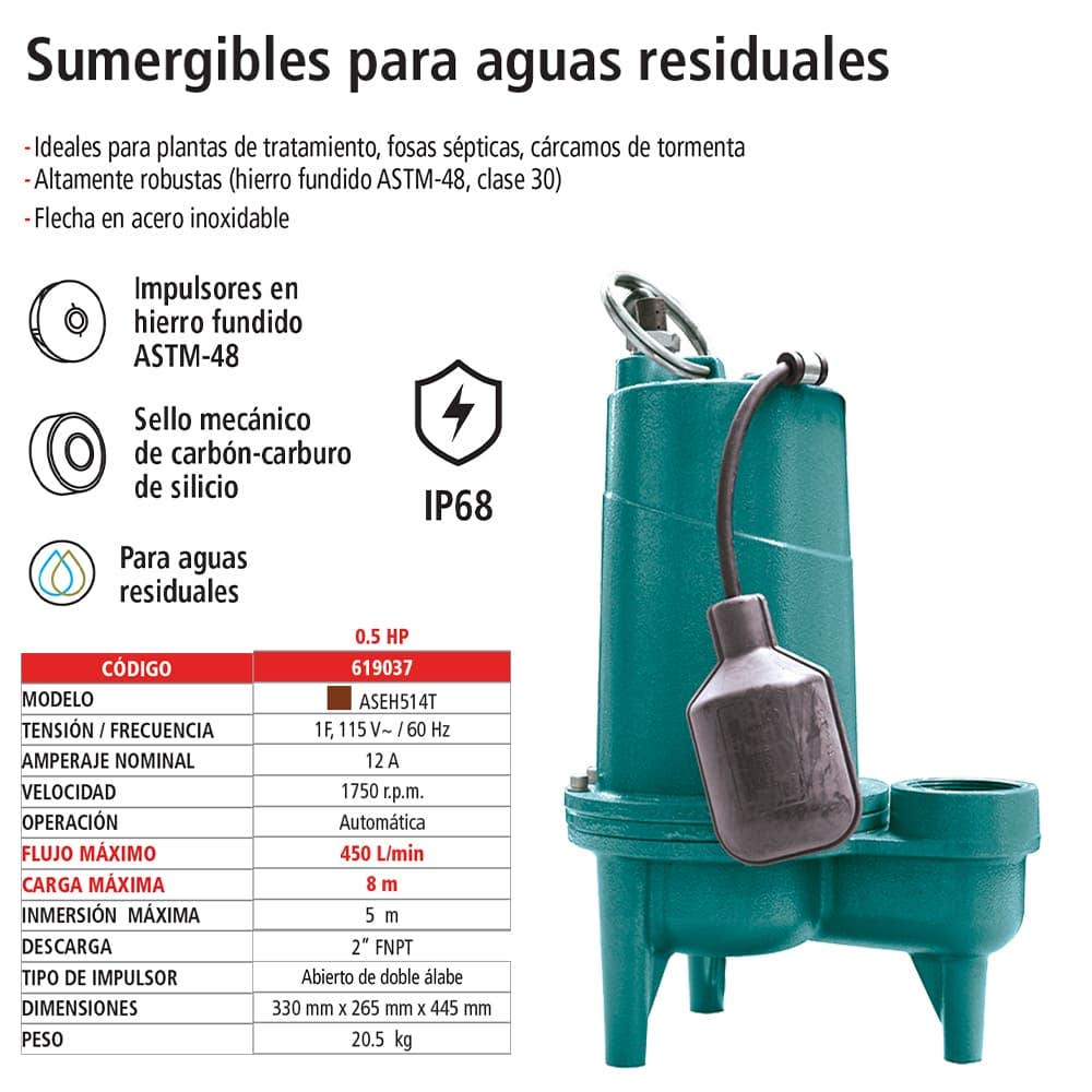 IUSA - Bomba sumergible 0.5 hp para aguas residuales