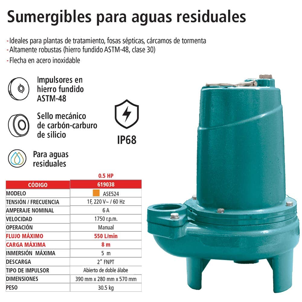 IUSA - Bomba sumergible 0.5 hp para aguas residuales iusa
