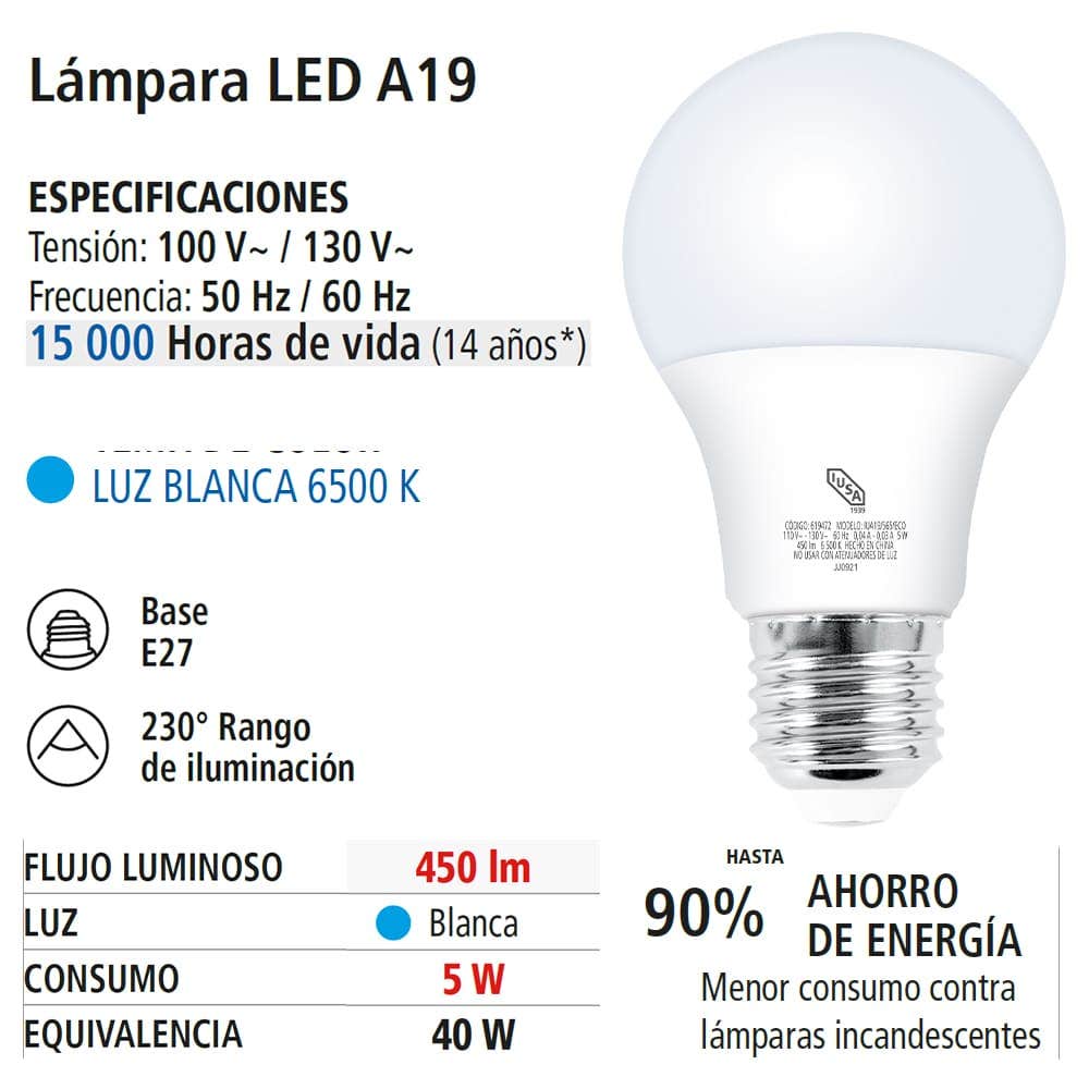 IUSA - Foco LED Eco A19 luz blanca 5 W, IUSA