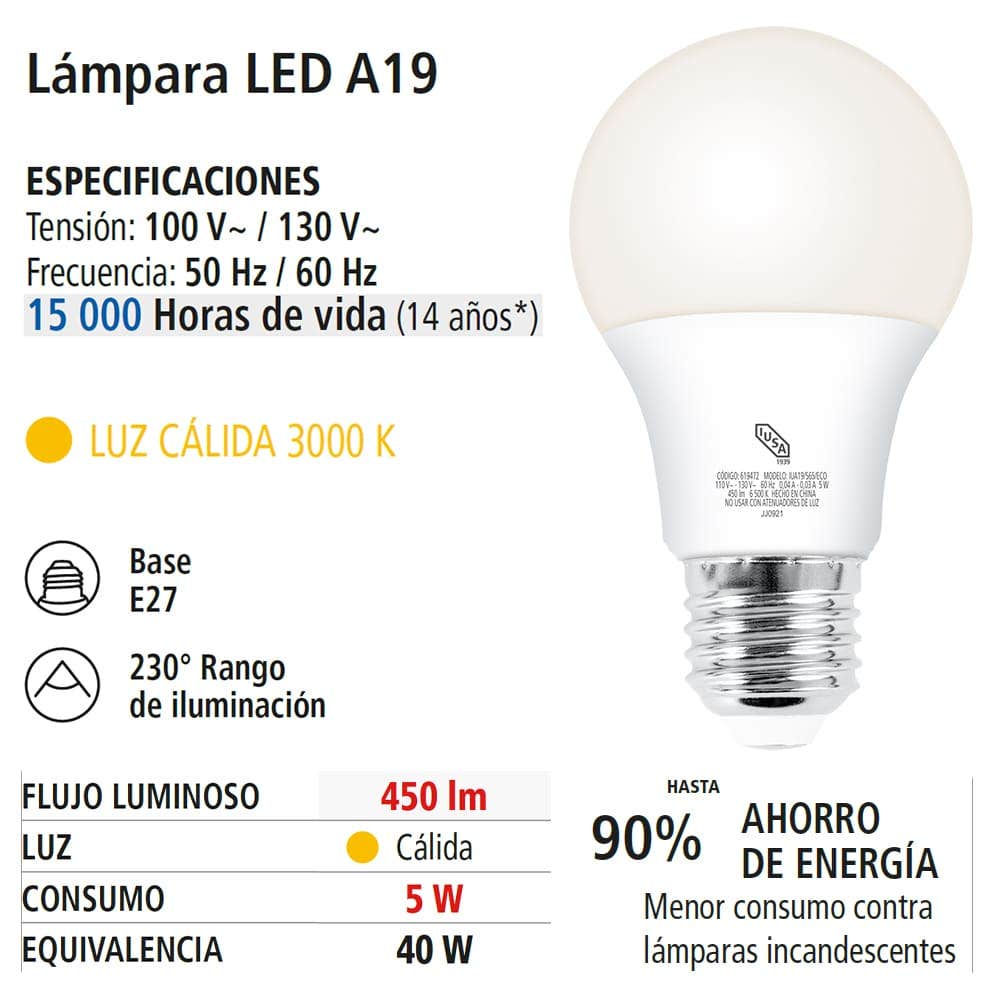 IUSA - Foco LED Eco A19 luz cálida 5 W, IUSA