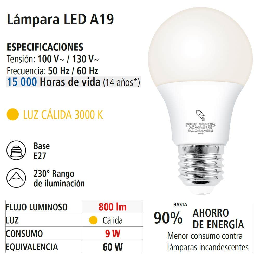 IUSA - Foco LED Eco A19 luz cálida 9 W, IUSA