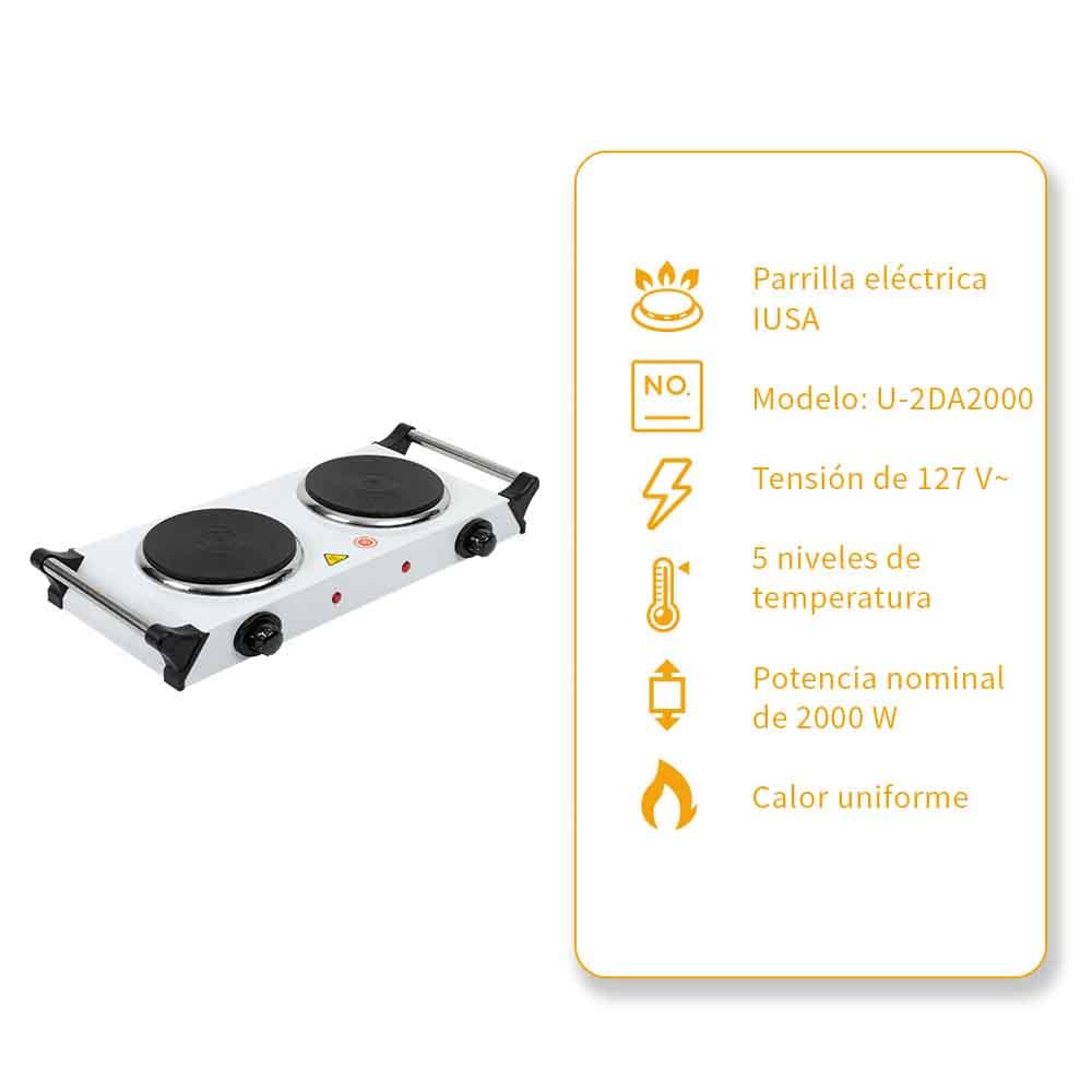 IUSA - Parrilla eléctrica 2 quemadores de disco con asa