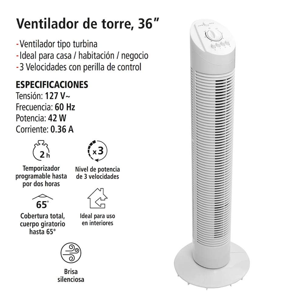 IUSA - Ventilador de torre iusa 36" 42w 3 velocidades con temporizador