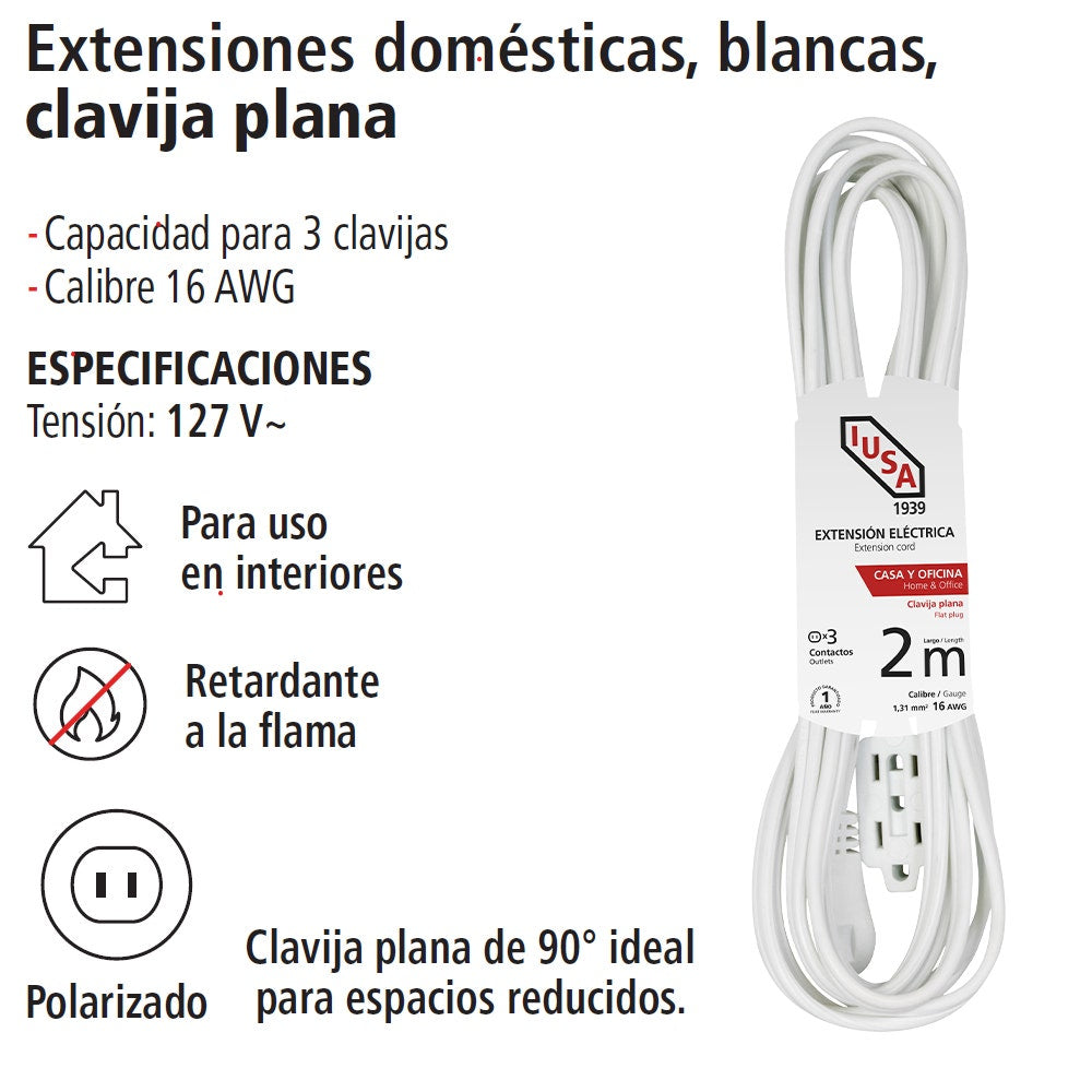 IUSA - Extensión doméstica blanca con clavija plana 2m