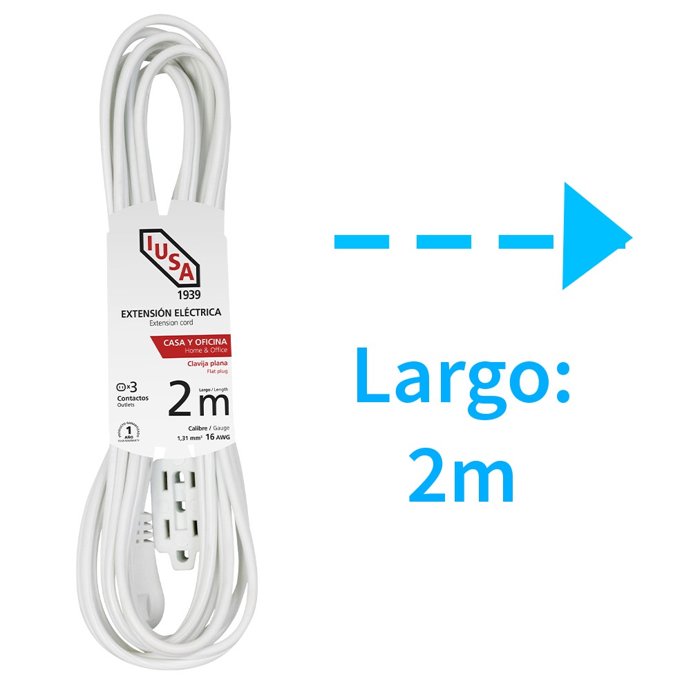 IUSA - Extensión doméstica blanca con clavija plana 2m