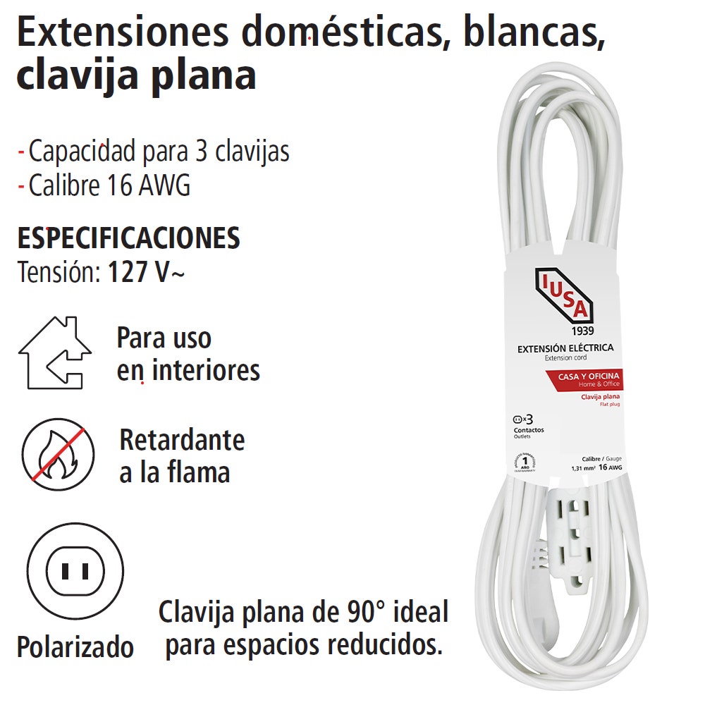 IUSA - Extensión doméstica blanca con clavija plana de 8m IUSA