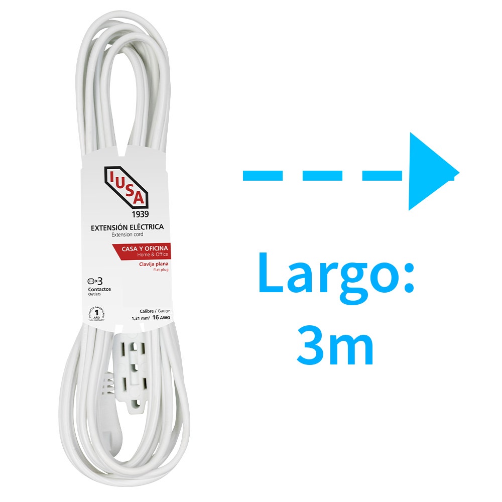 IUSA - Extensión doméstica blanca clavija plana 3m IUSA