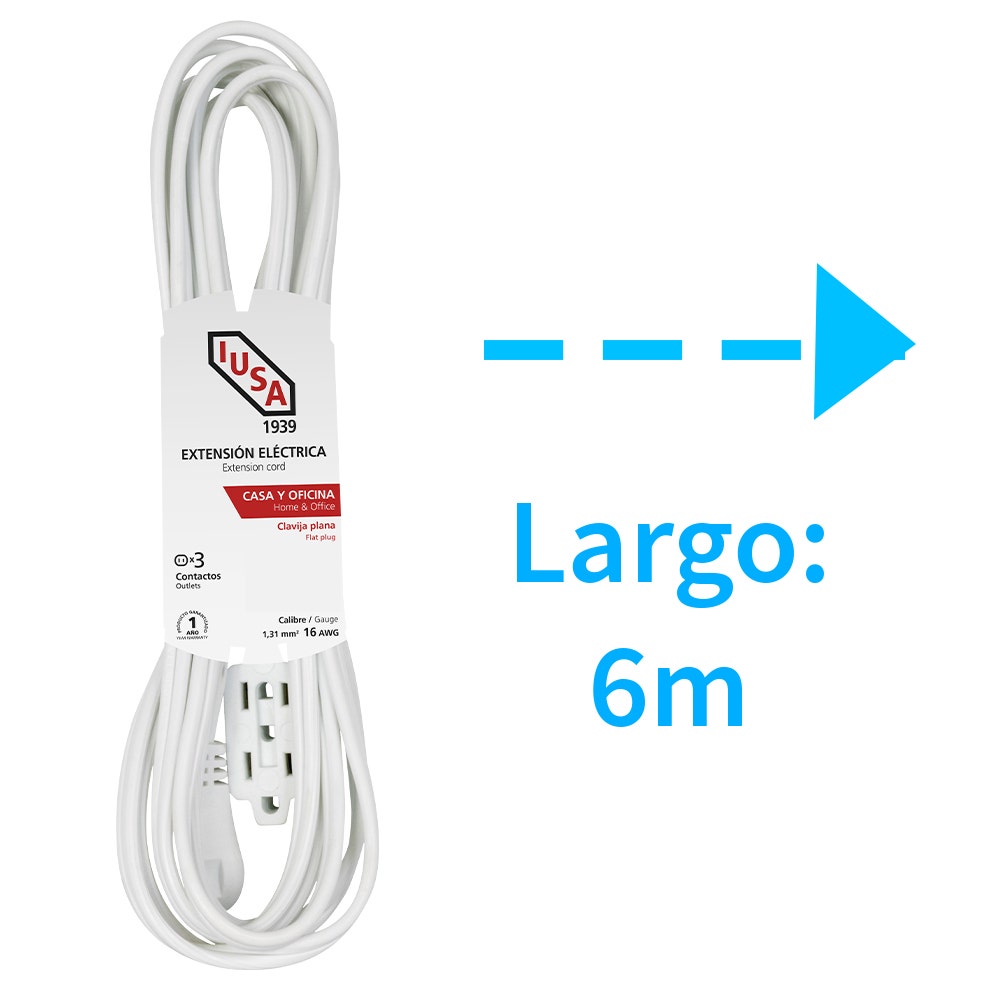 IUSA - Extensión doméstica blanca clavija plana 6m iusa