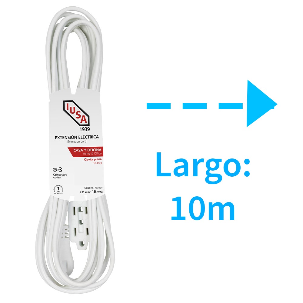 IUSA - Extensión doméstica blanca clavija plana 10m IUSA