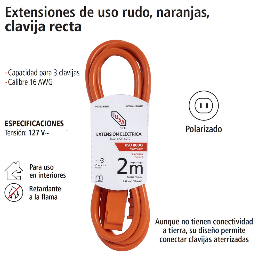 IUSA - Extensión de uso rudo naranja clavija recta 2m