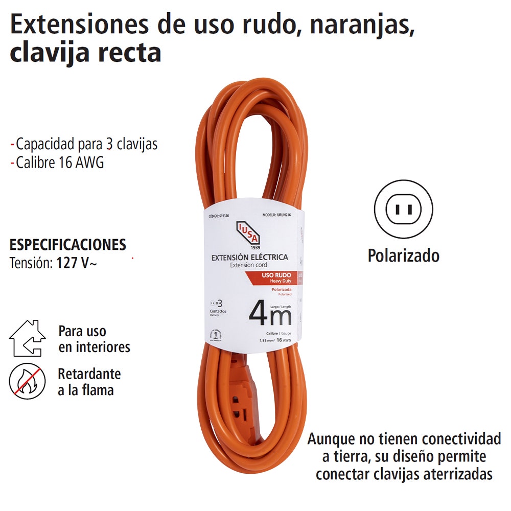 IUSA - Extensión de uso rudo naranja clavija recta 4m IUSA