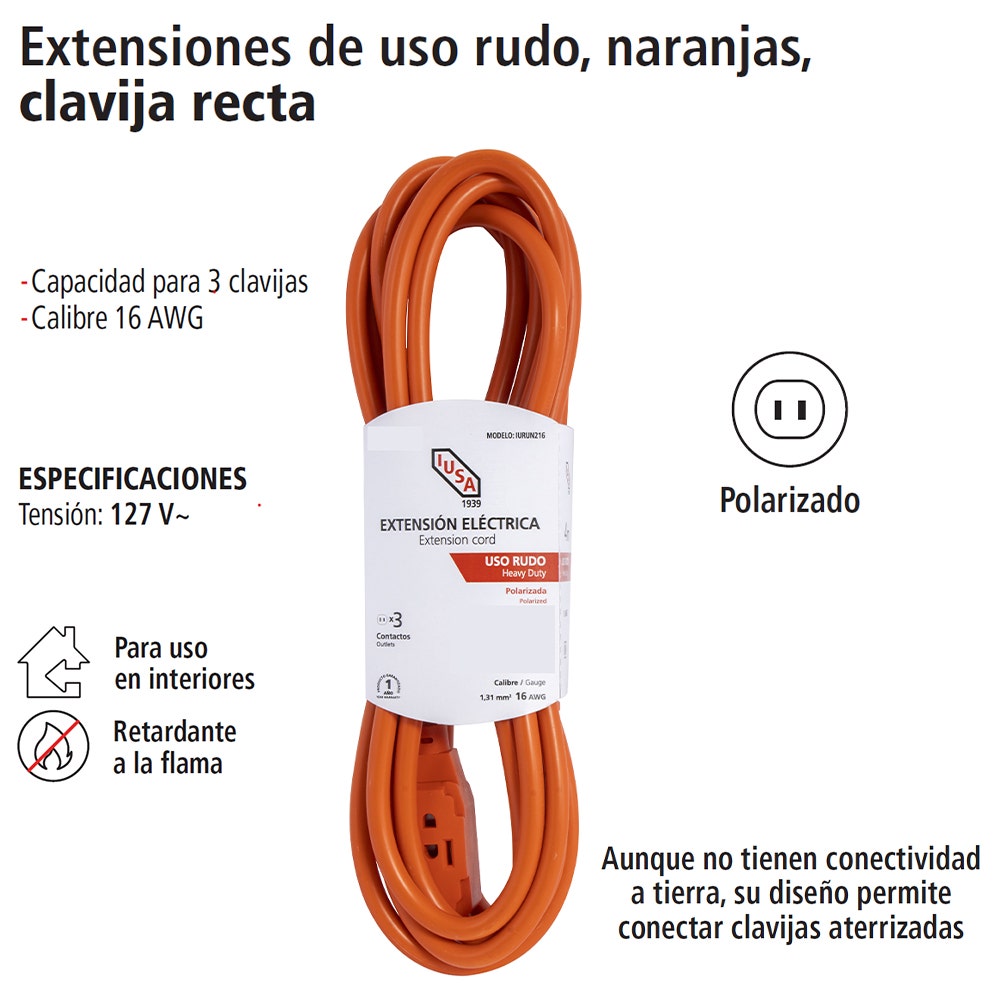 IUSA - Extensión de uso rudo, naranja, clavija recta, 10m, iusa