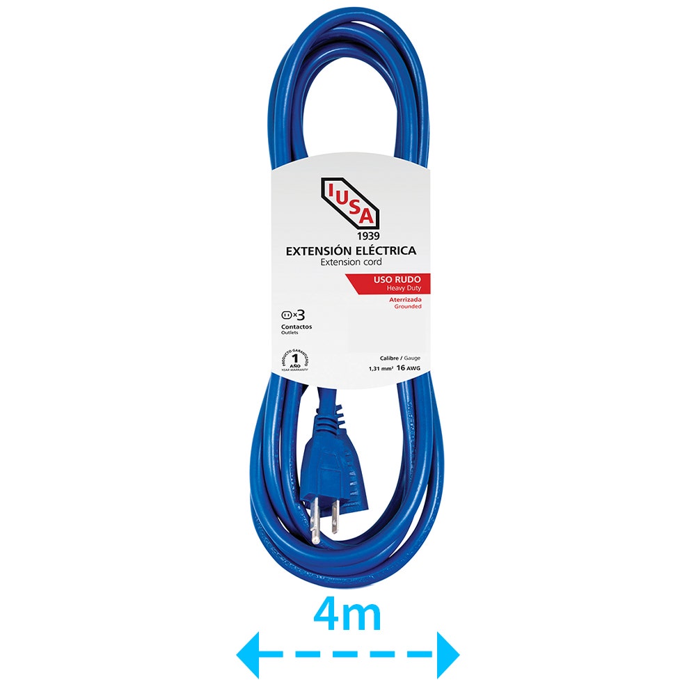 IUSA - Extensión de uso rudo aterrizada azul clavija recta 4m iusa