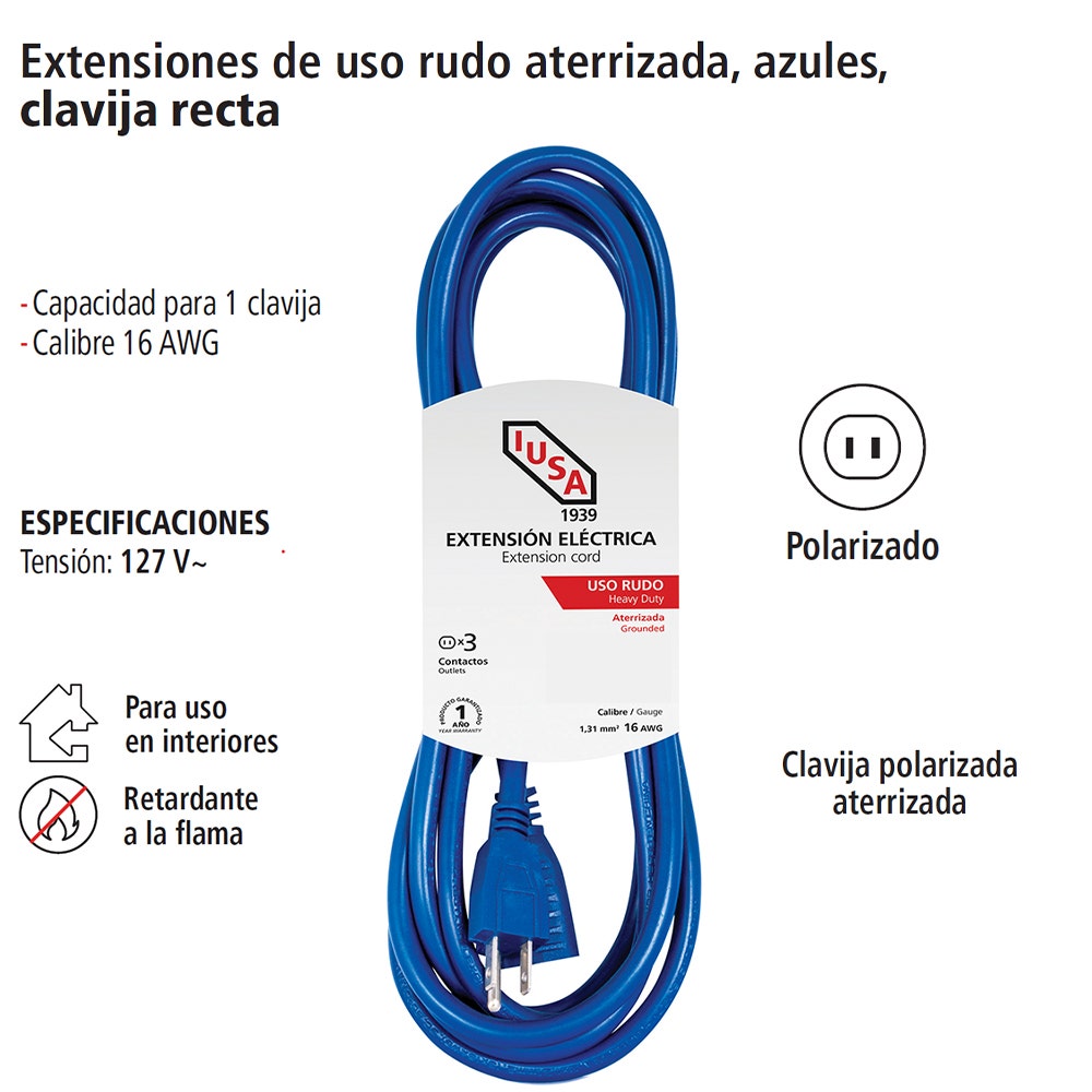 IUSA - Extensión de uso rudo aterrizada azul clavija recta 15m IUSA