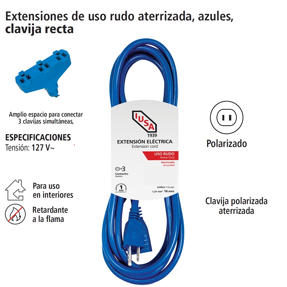 IUSA - Extensión de uso rudo aterrizada azul clavija recta 7.6m