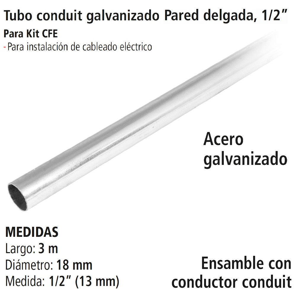 IUSA - Tubo conduit galvanizado con pared delgada, 1/2”, IUSA