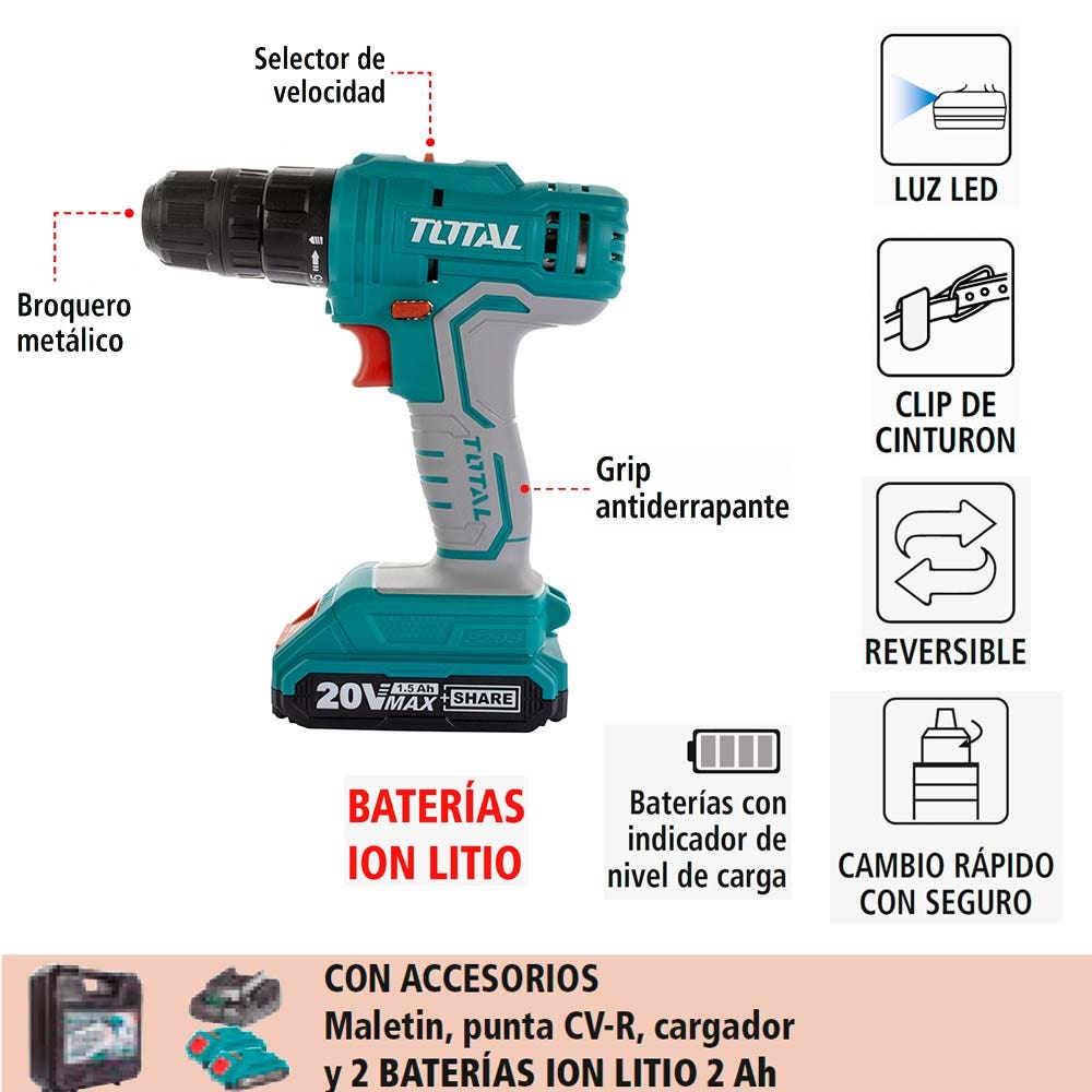 IUSA - Taladro Inalámbrico, Total, 3/8”, 20 V.