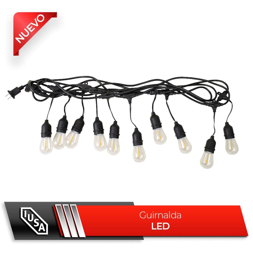 IUSA - Guirnalda LED 5w, 6m, exteriores, luz cálida, 10 + 2 focos