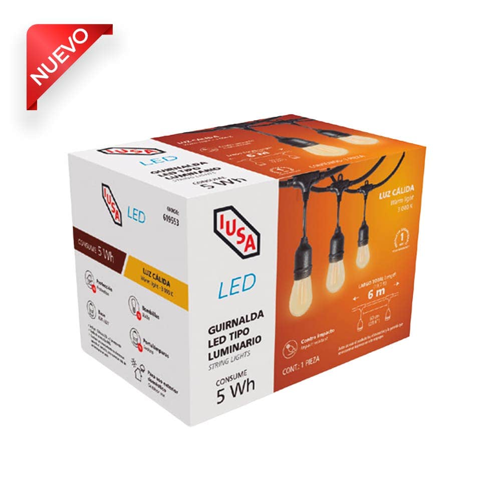IUSA - Guirnalda LED 5w, 6m, exteriores, luz cálida, 10 + 2 focos