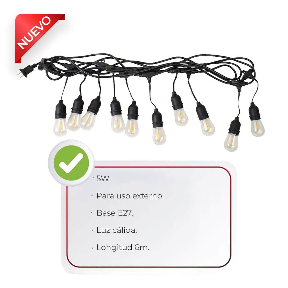 IUSA - Guirnalda LED 5w, 6m, exteriores, luz cálida, 10 + 2 focos