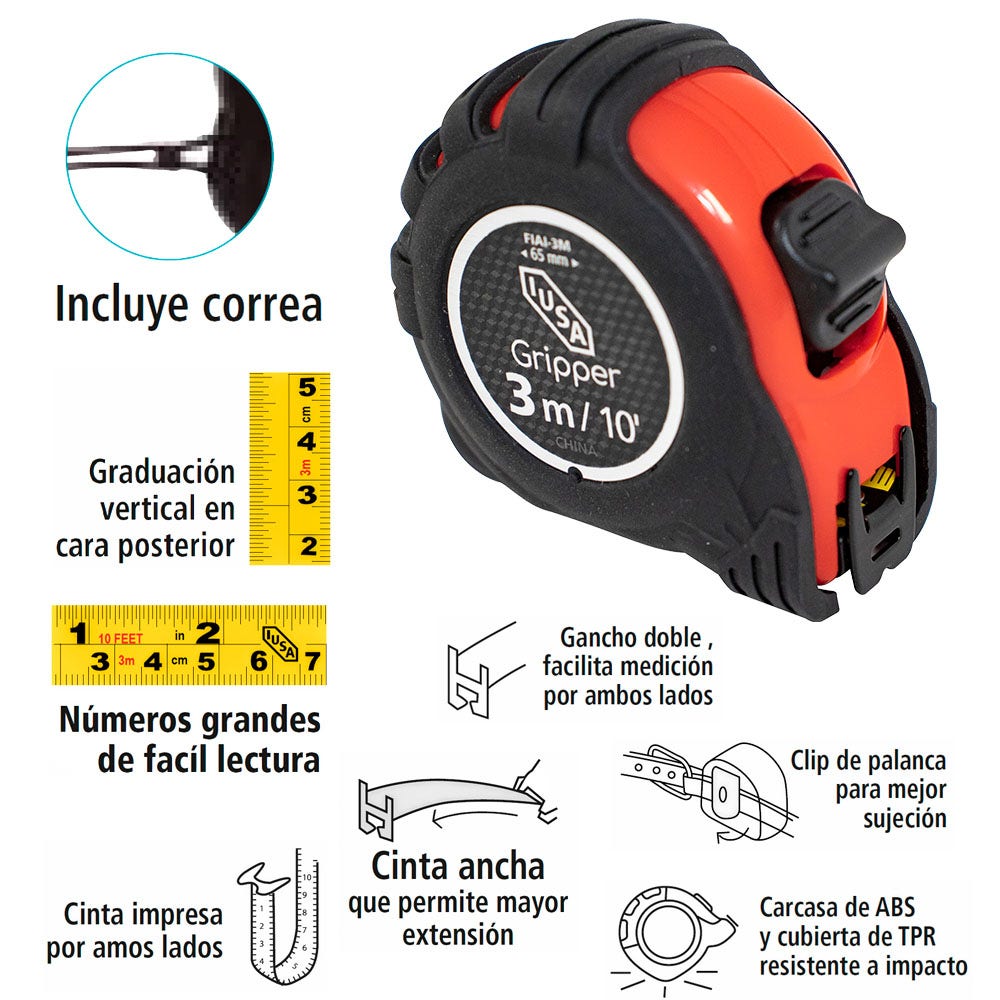 IUSA - Flexómetro compacto, anti impacto, iusa, 3 m