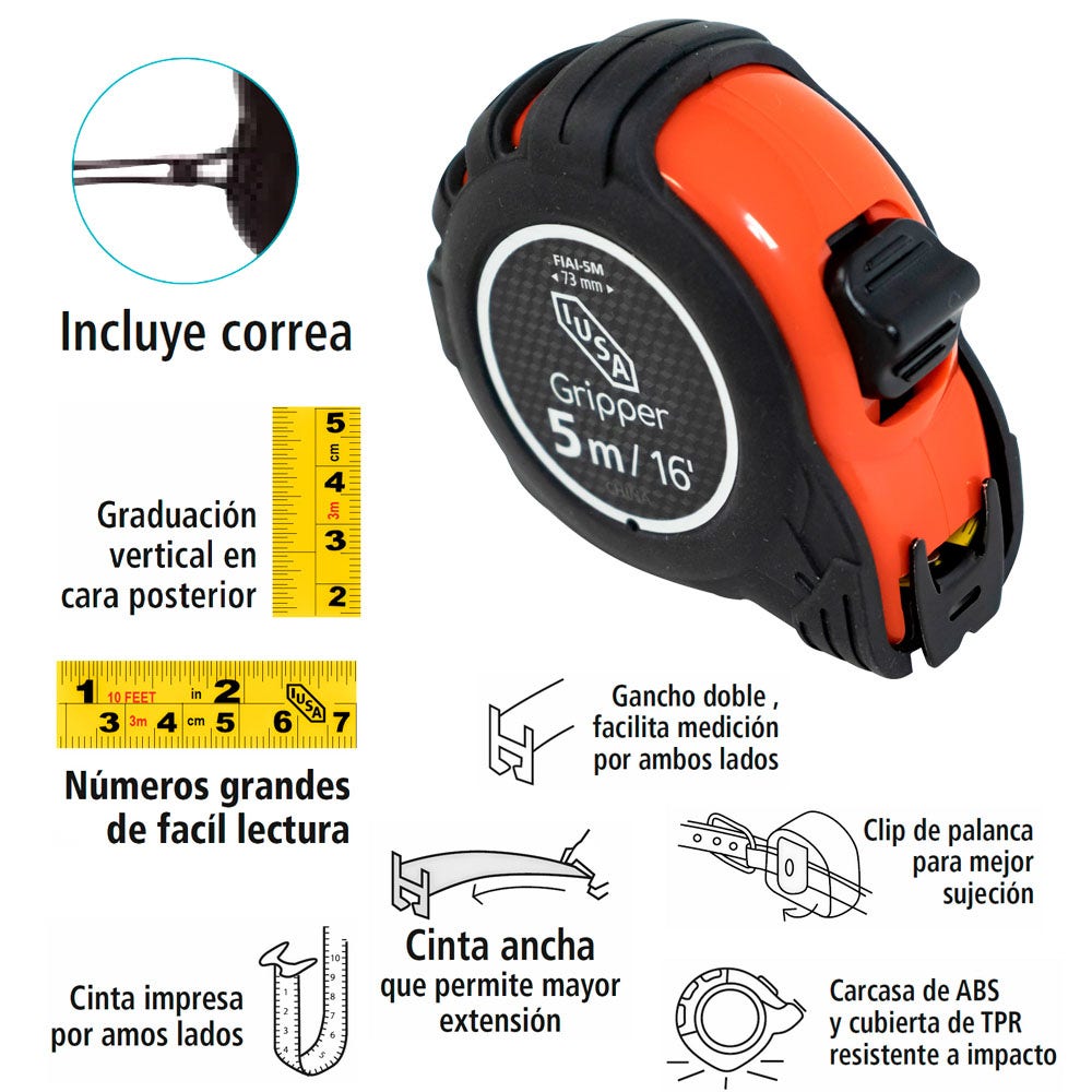IUSA - Flexómetro compacto, anti impacto, iusa, 5 m
