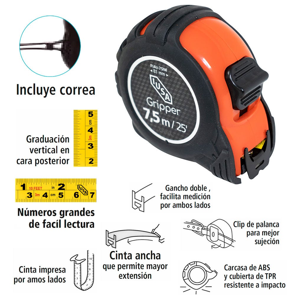 IUSA - Flexómetro compacto, anti impacto, iusa 7.5 m