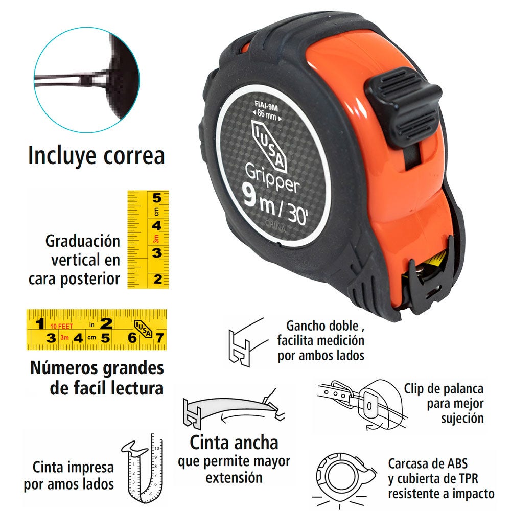 IUSA - Flexómetro compacto, anti impacto, iusa, 9 m