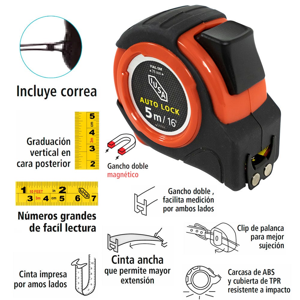 IUSA - Flexómetro auto-lock, anti impacto, iusa,  5 m