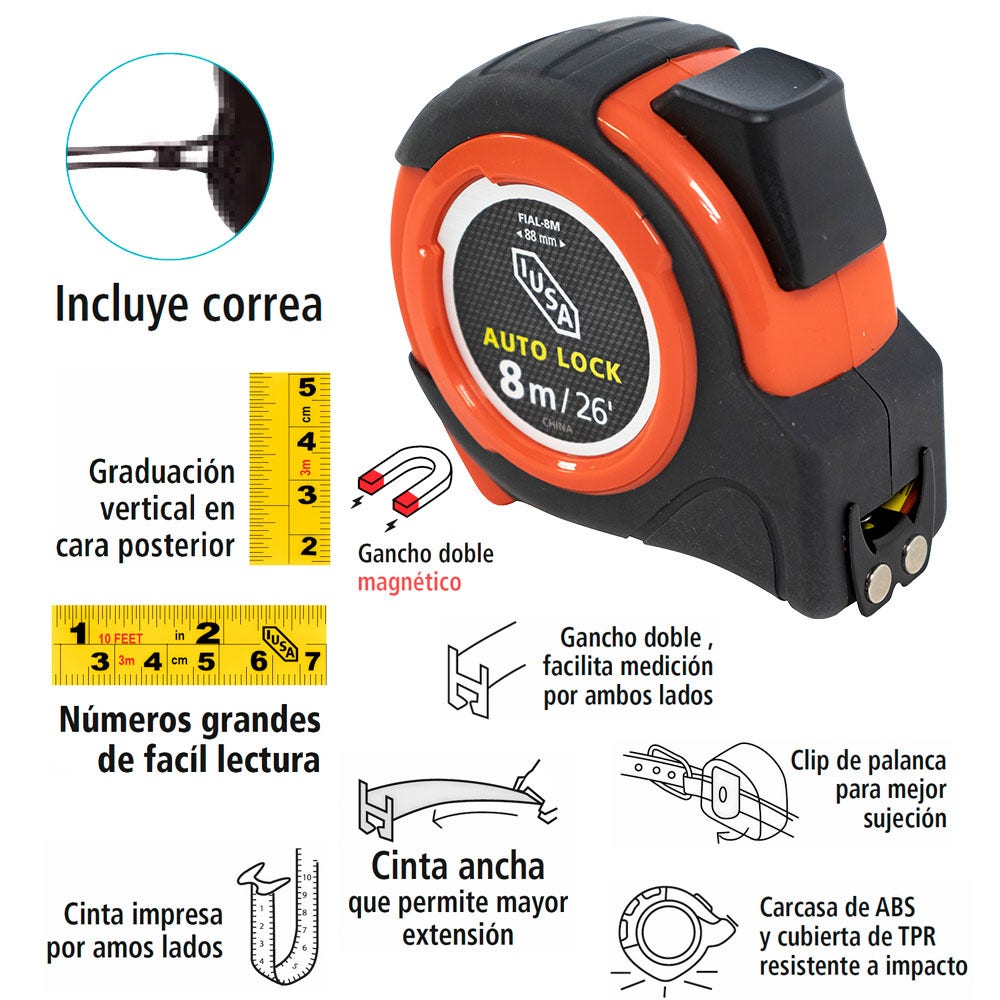 IUSA - Flexómetro auto-lock, anti impacto, iusa, 8 m