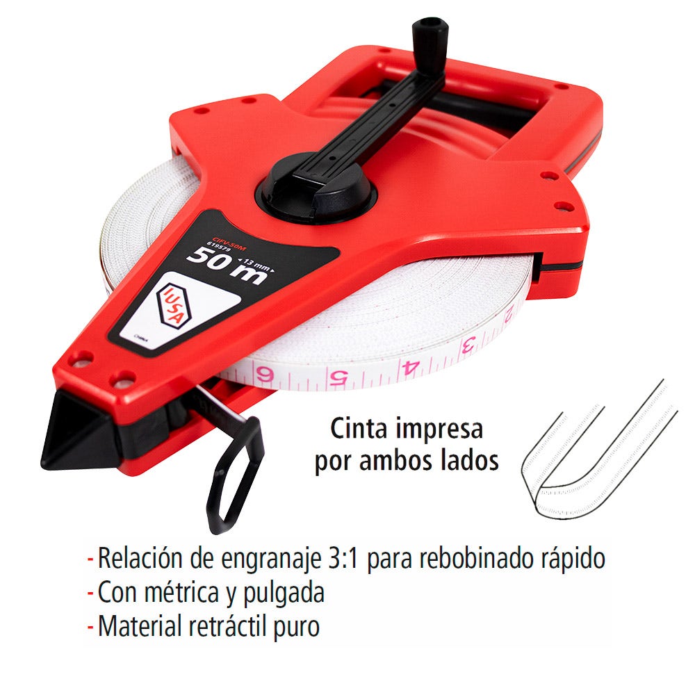 IUSA - Cinta Métrica IUSA, Fibra de Vidrio de Carrete, Tipo Cruceta 50 m