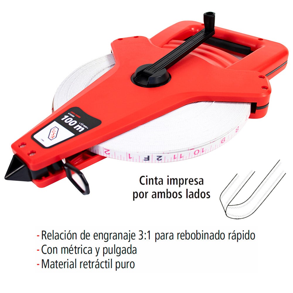 IUSA - Cinta Métrica IUSA, Fibra de Vidrio de Carrete, Tipo Cruceta 100 m