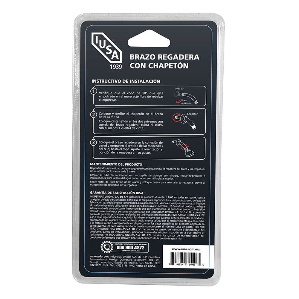 IUSA - Brazo y chapetón para regadera de latón cromado plata, IUSA
