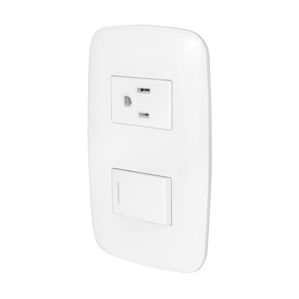 IUSA - Placa armada con 1 interruptor sencillo + 1 tomacorriente, 120 v~ - 250 v~, 10 a, 15 a, curve, blanco, iusa