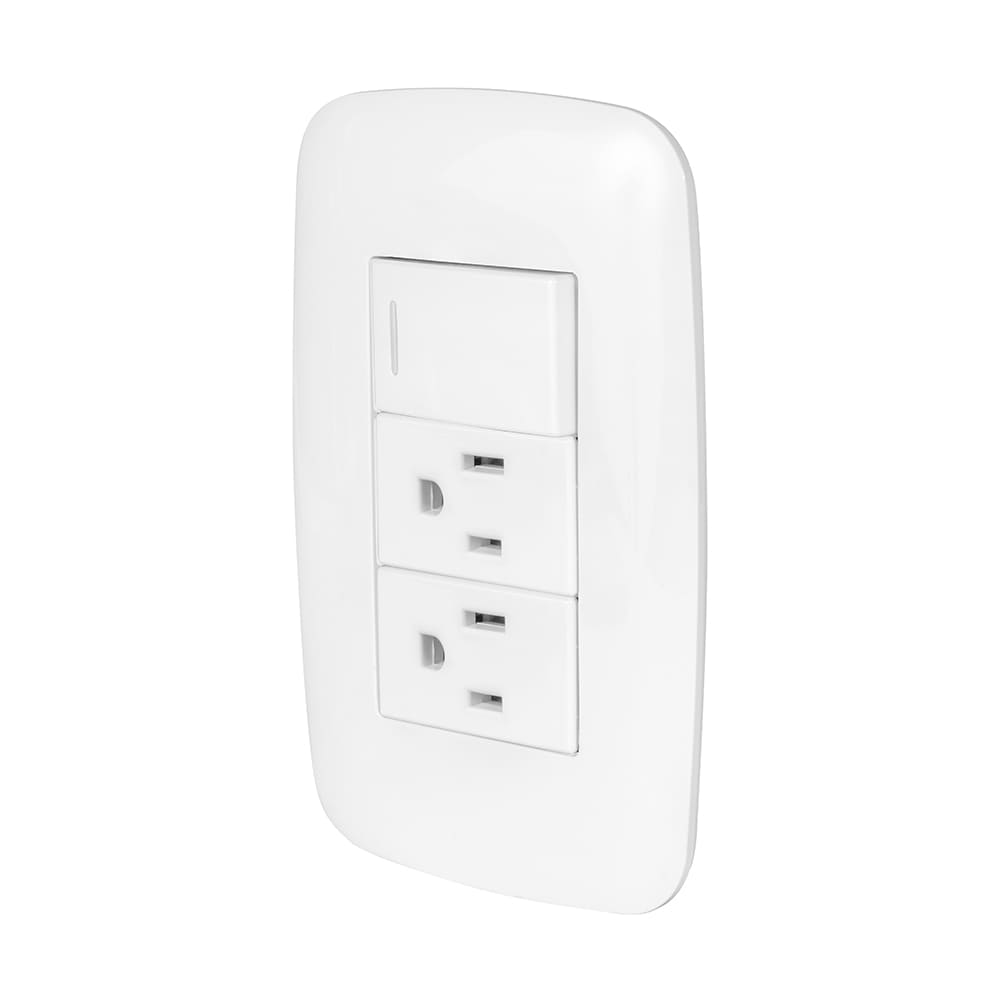 IUSA - Placa armada con 1 interruptor sencillo + 2 tomacorrientes, 120 v~ - 250 v~, 10 a (interruptor), 15 a (tomacorrientes), curve, blanco, iusa